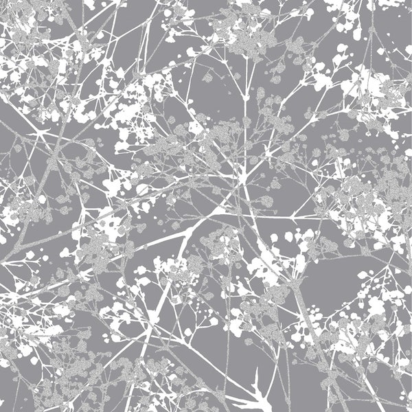 EOB~Hoffman - Sparkle and Fade 2022 - Babys Breath w/ Metallic Silver - Charcoal - Cotton Fabric by the Yard or Select Length U4999-55S