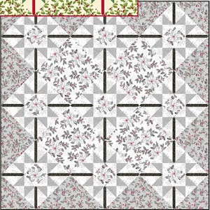 May include: A quilt with a geometric pattern of white and gray triangles and squares. The fabric has a white background with a pattern of small red berries and green leaves.