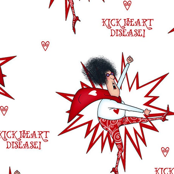 Quilting Treasures~Kick Heart Disease~Superlady~White~Fabric by the Yard 27020-Z