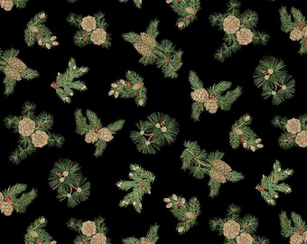 May include: A seamless pattern featuring green pine branches with brown pine cones and red berries on a black background.