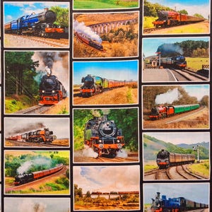 May include: A fabric panel with multiple images of steam trains. The trains are shown in various scenic settings, including landscapes with bridges and tracks. The trains are in various colours, including blue, red, and black, with billowing smoke.