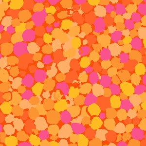 May include: Abstract pattern featuring a vibrant mix of colors. The design showcases irregular, rounded shapes in shades of orange, yellow, and pink against a solid orange background. The overall effect is a playful and energetic design.