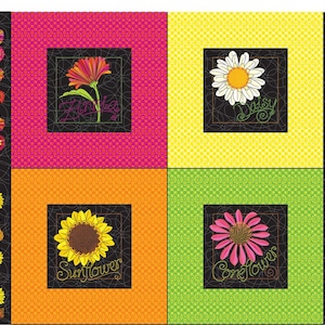 Peut inclure: Un panneau de tissu coloré avec quatre carrés représentant différentes fleurs. Chaque carré a un fond noir avec une bordure blanche et le nom de la fleur en texte blanc. Les fleurs sont une Zinnia, une Marguerite, un Tournesol et une Echinacea. Le tissu est parfait pour le quilting, l'artisanat et la décoration de la maison.