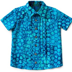 May include: A blue short-sleeved button-down shirt with a white and blue patterned design. The shirt has a collar and a button-up front.