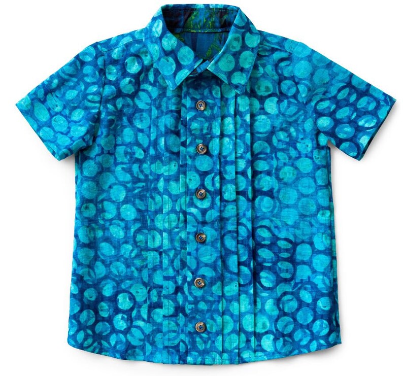 May include: A blue short-sleeved button-down shirt with a white and blue patterned design. The shirt has a collar and a button-up front.