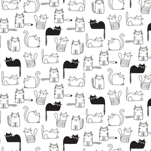 Könnte beinhalten: Ein sich wiederholendes Muster von Cartoon-Katzen in Schwarz, Weiß und Grau. Einige Katzen haben Streifen. Die Katzen sind in verschiedenen Posen vor einem weißen Hintergrund, was ein verspieltes Design ergibt.