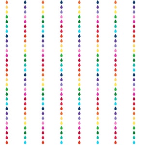 Puede incluir: Un fondo blanco con líneas verticales de gotas de lluvia de colores. Las gotas de lluvia están en un patrón de arcoíris de rojo, naranja, amarillo, verde, azul, índigo y violeta.