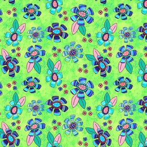 Puede incluir: Un patrón sin costuras con flores coloridas y rayadas con hojas rosas y verdes sobre un fondo verde brillante.