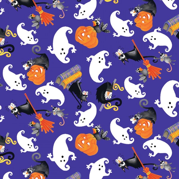 Henry Glass~Boo Glow~Tossed Cats and Ghosts~GLOW in the DARK~Purple~Cotton Fabric by the Yard or Select Length 251G-59