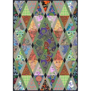 May include: A colorful quilt with a geometric diamond pattern. The quilt features various floral and patterned fabric triangles in shades of green, orange, purple, and blue, separated by black lines. The overall design is intricate and visually appealing.