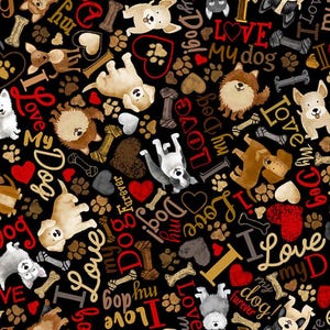 Puede incluir: Un fondo negro con un patrón repetitivo de perros de dibujos animados, huellas de patas, corazones y huesos. Las palabras "I Love My Dog" y "Forever" están en rojo, dorado y marrón.