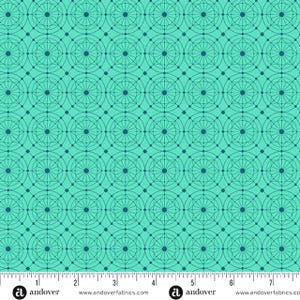 May include: A fabric with a repeating geometric pattern of teal circles and lines on a light turquoise background. The design includes small squares connecting the circles. The fabric has a ruler along the bottom edge.