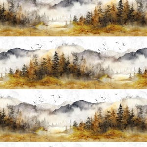 Könnte beinhalten: Aquarell-Landschaftsmuster mit Bergen, Bäumen und Vögeln im Flug. Das Design verwendet eine Palette aus gedämpften Braun-, Gelb- und Grautönen und erzeugt eine ruhige, natürliche Szene. Das sich wiederholende Muster eignet sich für Stoff oder Tapeten.