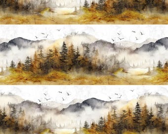 Misty Morning van Northcott, quiltkatoen, schilderachtige bergachtige stof met herhalende randstreep in oker/multi DP28648-54