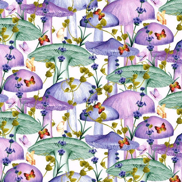 Studio E~Minu and Wildberry~Mushrooms~Soft Lilac~Cotton Fabric by the Yard or Select Length 7162-22