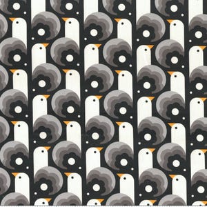 May include: A repeating pattern of stylized birds and flower shapes on a black background. The birds are white with gray and black accents, and orange beaks. The flowers are gray and black with white centers. This fabric design is suitable for various craft projects.