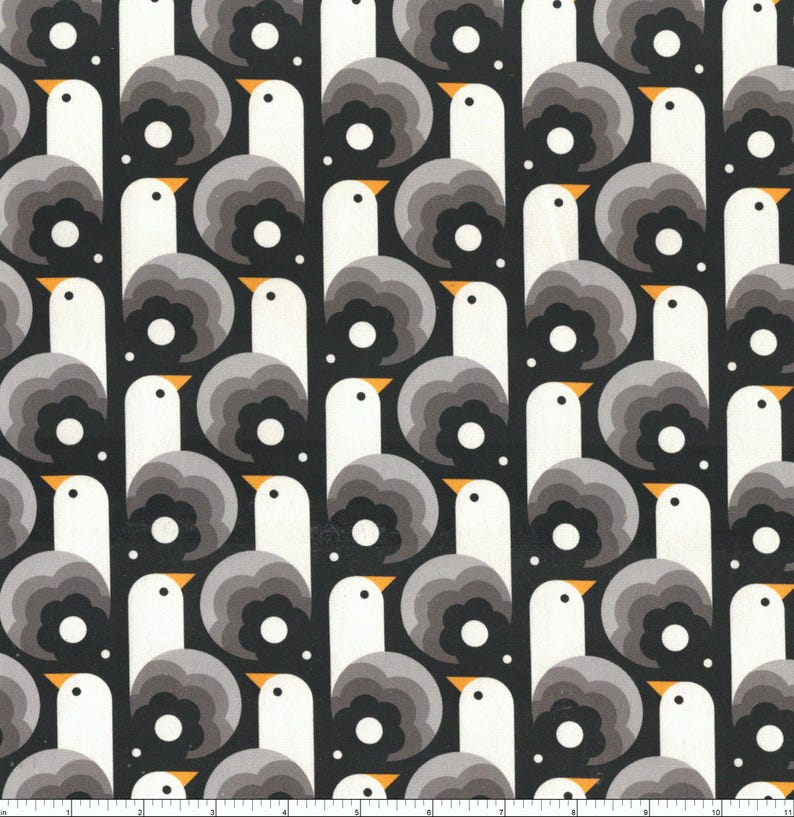 May include: A repeating pattern of stylized birds and flower shapes on a black background. The birds are white with gray and black accents, and orange beaks. The flowers are gray and black with white centers. This fabric design is suitable for various craft projects.