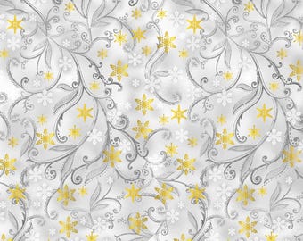 Timeless Treasures Silver and Gold Leafy Vines & Snowflakes w/ Metallic Gold Dove Cotton Fabric by the Yard or Select Length CM2577-DOVE