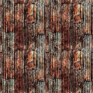 May include: Seamless pattern of weathered corrugated metal. The image features a repeating design of vertical, rusty metal panels in shades of brown, orange, and gray. The texture suggests age and exposure to the elements, creating a rustic aesthetic.