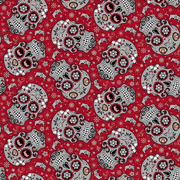 Sykel Enterprises~College Cottons~Ohio State Sugar Skulls~Scarlet~Cotton Fabric by the Yard OHS-1193