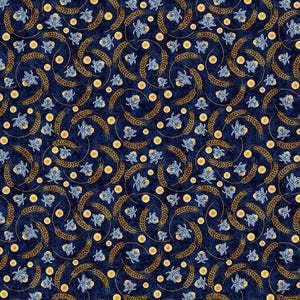 Puede incluir: Patrón repetitivo sobre un fondo azul oscuro. El diseño presenta espigas de trigo estilizadas en dorado, pequeños elementos florales azules y círculos dorados. El efecto general es un patrón texturizado y decorativo.