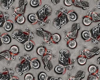 Cotton Fabric Motorcycles Choppers and Flames 26 x 18L