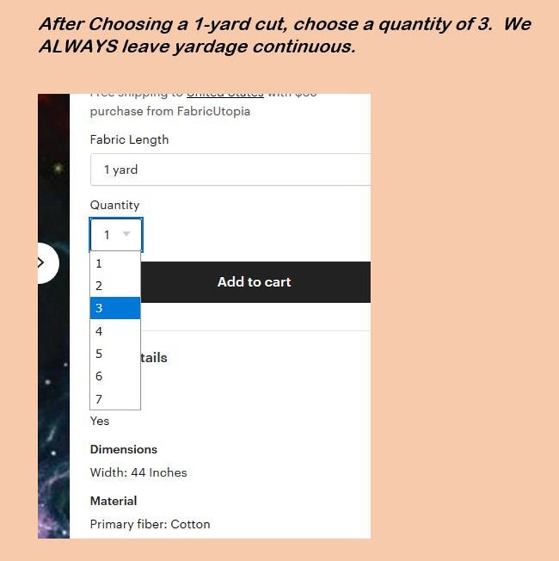 Pu&ograve; includere: Uno screenshot di un sito web che mostra una pagina di prodotto per tessuto. La pagina mostra un menu a tendina per la quantit&agrave; con il numero 3 selezionato. Il tessuto &egrave; lungo 1 yarda e largo 44 pollici. Il tessuto &egrave; fatto di cotone.