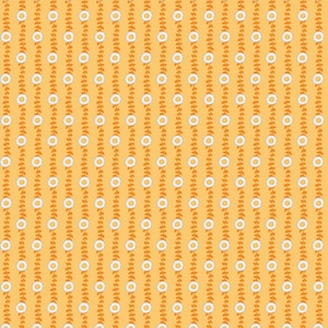 May include: A seamless pattern featuring white daisy flowers and orange leaves on a yellow background. The flowers and leaves are arranged in vertical rows, creating a repeating pattern.