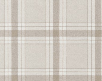 May include: A beige and white plaid fabric with a subtle texture.