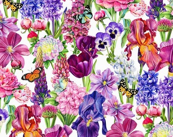 Northcott~Deborahs Garden~Large Packed Floral~Digital~White~Cotton Fabric by the Yard or Select Length DP25590-10