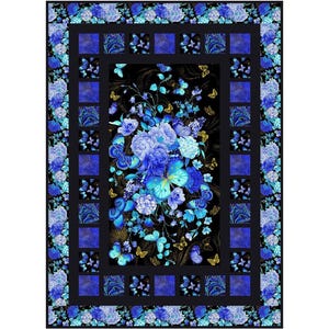 May include: A rectangular quilt featuring a central floral arrangement of blue flowers and butterflies on a black background. The quilt is framed by a border of blue floral patterns and square accents, creating a vibrant and decorative textile.
