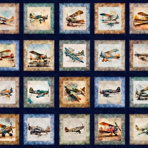 Quilting Treasures~Flying High~36" x 42.5" Airplane Picture Patches Block Panel~Digital~Navy~Cotton Fabric by the Panel 30048-N