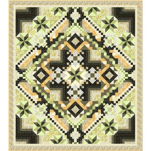May include: A quilt with a geometric pattern in shades of green, black, and yellow. The quilt is made up of squares and triangles, and the pattern is repeated throughout the quilt.