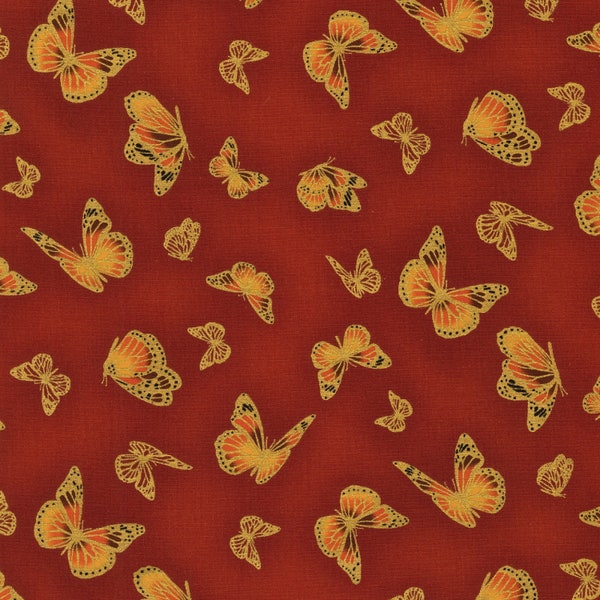 EOB~Robert Kaufman~Shades of the Season 12~Butterflies w/ Metallic Gold~Terracotta -Cotton Fabric by the Yard or Select Length SRKM2093792