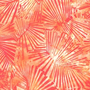 May include: A vibrant, abstract fabric design featuring a repeating pattern of coral-colored, fan-like shapes against a light orange background. The design has a textured, watercolor-like appearance, with variations in color intensity.
