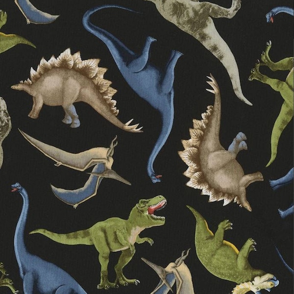 Timeless Treasures~Realistic Dinosaurs~Dinosaur Toss~Black~Cotton Fabric by the Yard or Select Length C5726-TOSS
