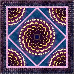 May include: A square patterned fabric with a dark blue background and a pink diamond pattern. The diamond pattern is filled with a repeating design of gold crescent moons.