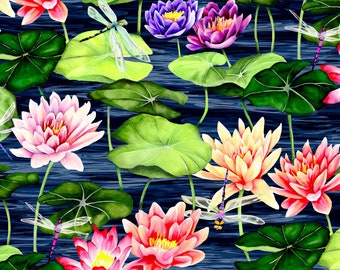 Clothworks - Dragonfly Days - Lily Pond - Digital - Multi - Cotton Fabric by the Yard or Select Length Y3753-55