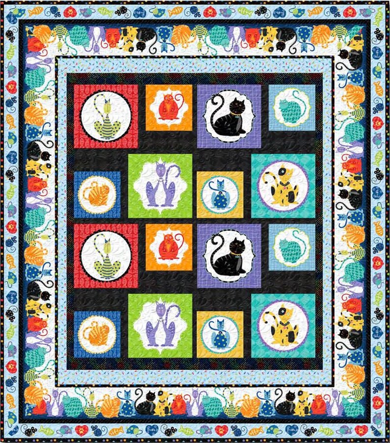64.5 x 73.5 Cat Block Panel Quilt Quilt Kit Feeline Good - AAFQK-447 includes fabric for top of quilt and binding