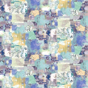 May include: Abstract art pattern with a collage of brushstrokes in various colours. The design incorporates shades of blue, green, yellow, and purple, creating a textured, layered effect. The artwork has a modern, artistic aesthetic, suitable for fabric or wallpaper.