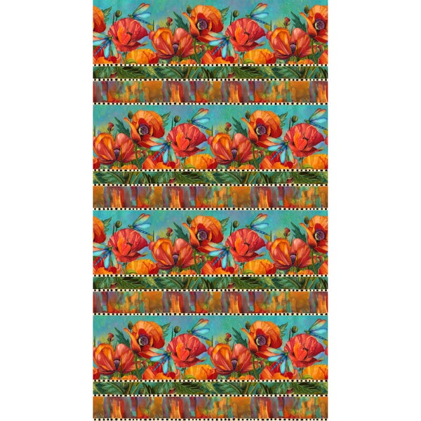 EOB~Northcott~Charisma~Poppy Repeating Border Stripe~Turquoise/Multi~Cotton Fabric by the Yard or Select Length DP25561-68