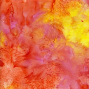 May include: Abstract watercolor painting with a blend of red, orange, yellow, and purple hues. The colors are blended together in a swirling pattern, creating a dynamic and energetic composition.