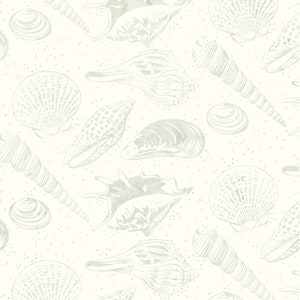 May include: A seamless pattern featuring various types of seashells in a light green color on a white background with a subtle speckled texture.