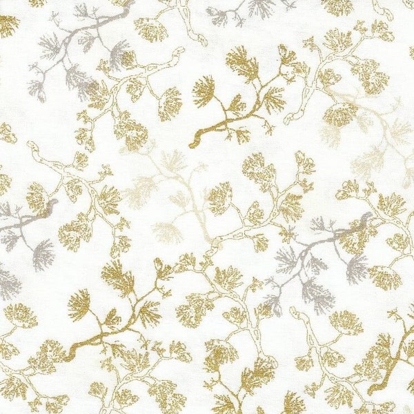 EOB~Stof - Christmas is Near - Pine Branches w/Metallic Gold - Cream - Cotton Fabric by the Yard or Select Length ST4598-126