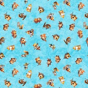 Quilting Treasures~Birdsong~Birdhouse Toss~Digital~Aqua~Cotton Fabric by the Yard or Select Length 30282-Q