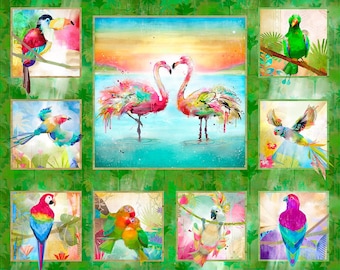 May include: A collage of colorful birds in a tropical setting. The birds include a toucan, a parrot, a flamingo, and a cockatoo. The background is a green jungle with palm trees.