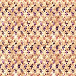 May include: A repeating pattern of purple and red grapes with green leaves and black vines on a beige background. The grapes are clustered together, and the background has a textured, aged appearance. The overall design is reminiscent of a vintage or rustic style.