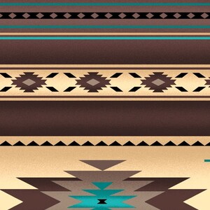 May include: A brown and beige patterned fabric with turquoise accents. The fabric features a geometric design with repeating patterns of triangles, diamonds, and squares. The fabric is measured in inches.