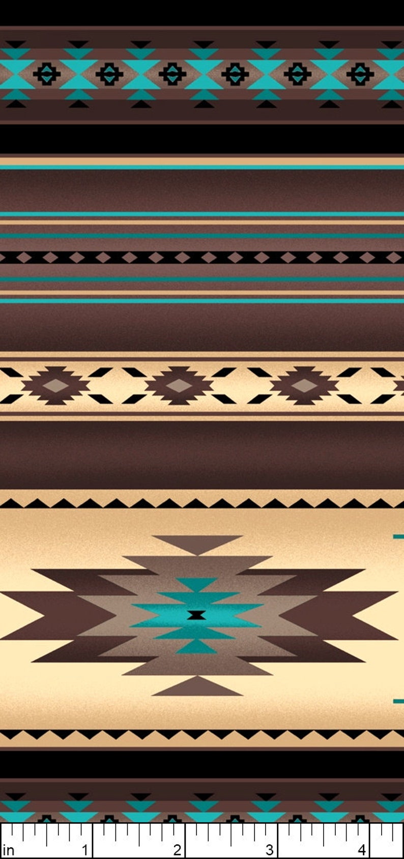 May include: A brown and beige patterned fabric with turquoise accents. The fabric features a geometric design with repeating patterns of triangles, diamonds, and squares. The fabric is measured in inches.