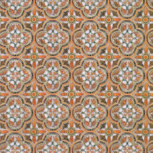 May include: A repeating pattern of decorative tiles. The design features a four-leaf clover shape with orange, brown, and gold accents. Small flower shapes are interspersed throughout the pattern. The background is a light, off-white color.